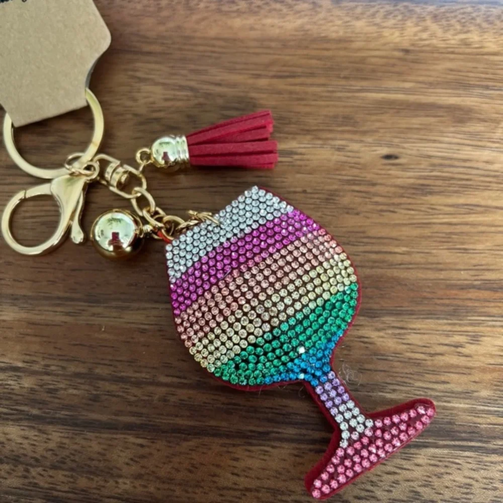 Multi-Color Bling Rhinestone Wine‎ Glass Puffy Tassel Key Chain Purse Charm
